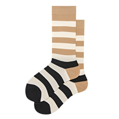 Classic unisex crew-length socks in beige and black with timeless white stripes, suitable for both boys and girls.