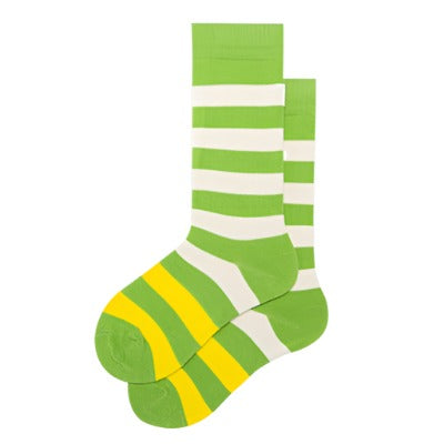 Versatile unisex crew-length socks in apple green with cheerful yellow stripes, ideal for both boys and girls for everyday wear.