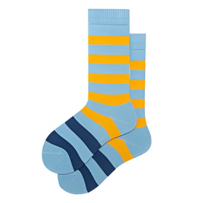 Cool boy's crew-length socks in light blue with sunny yellow stripes, perfect for adding a touch of brightness to his day.