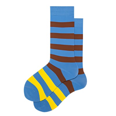 Stylish boy's crew-length socks in deep blue with earthy brown stripes, offering a classic yet trendy addition to his wardrobe.