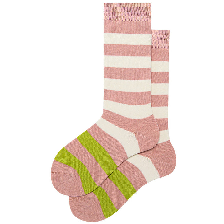 Adorable girl's crew-length socks in light pink with crisp white stripes, perfect for adding a touch of sweetness to any outfit.