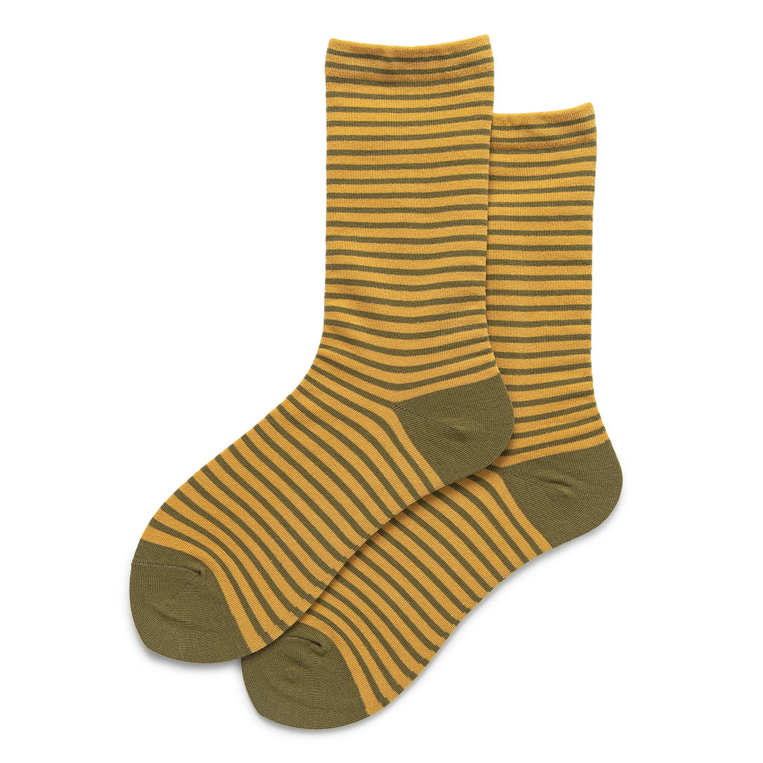 This colorful pair of socks features a zesty mustard yellow base with earthy olive green stripes.