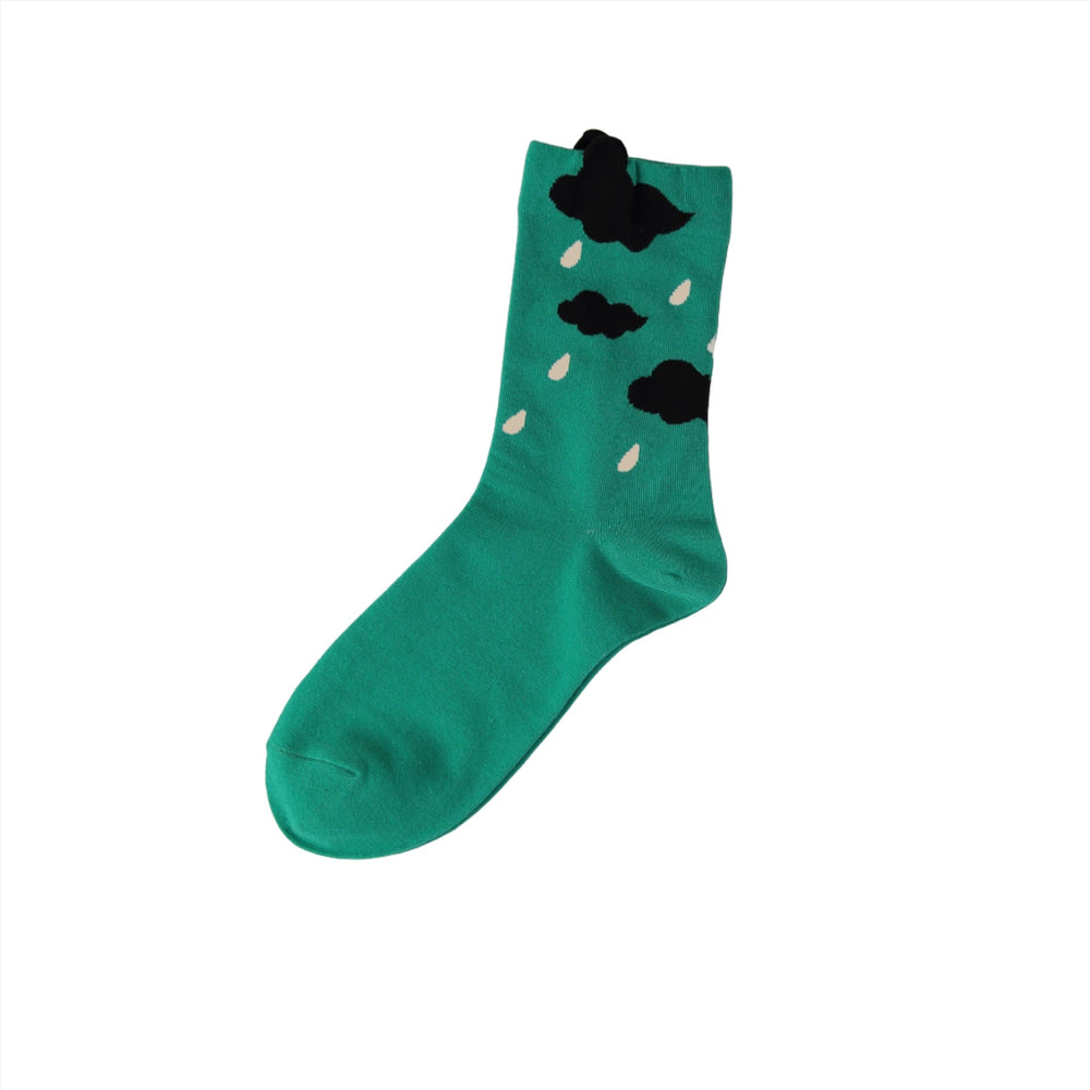 Pair a rainy day with those green socks with raining black clouds.