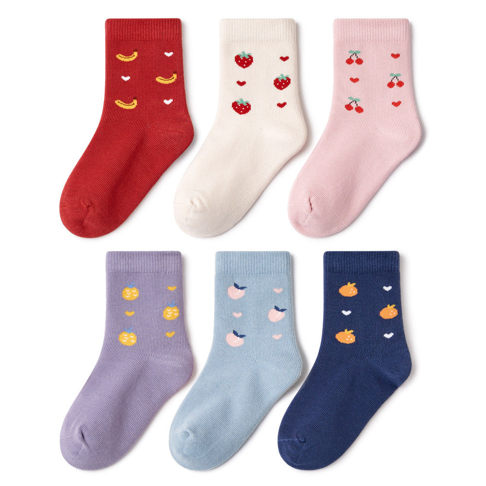 This set includes 6 pairs of adoral socks for girls in fun fruit patterns: banana, strawberry, cherry, pineapple, peach, and orange.