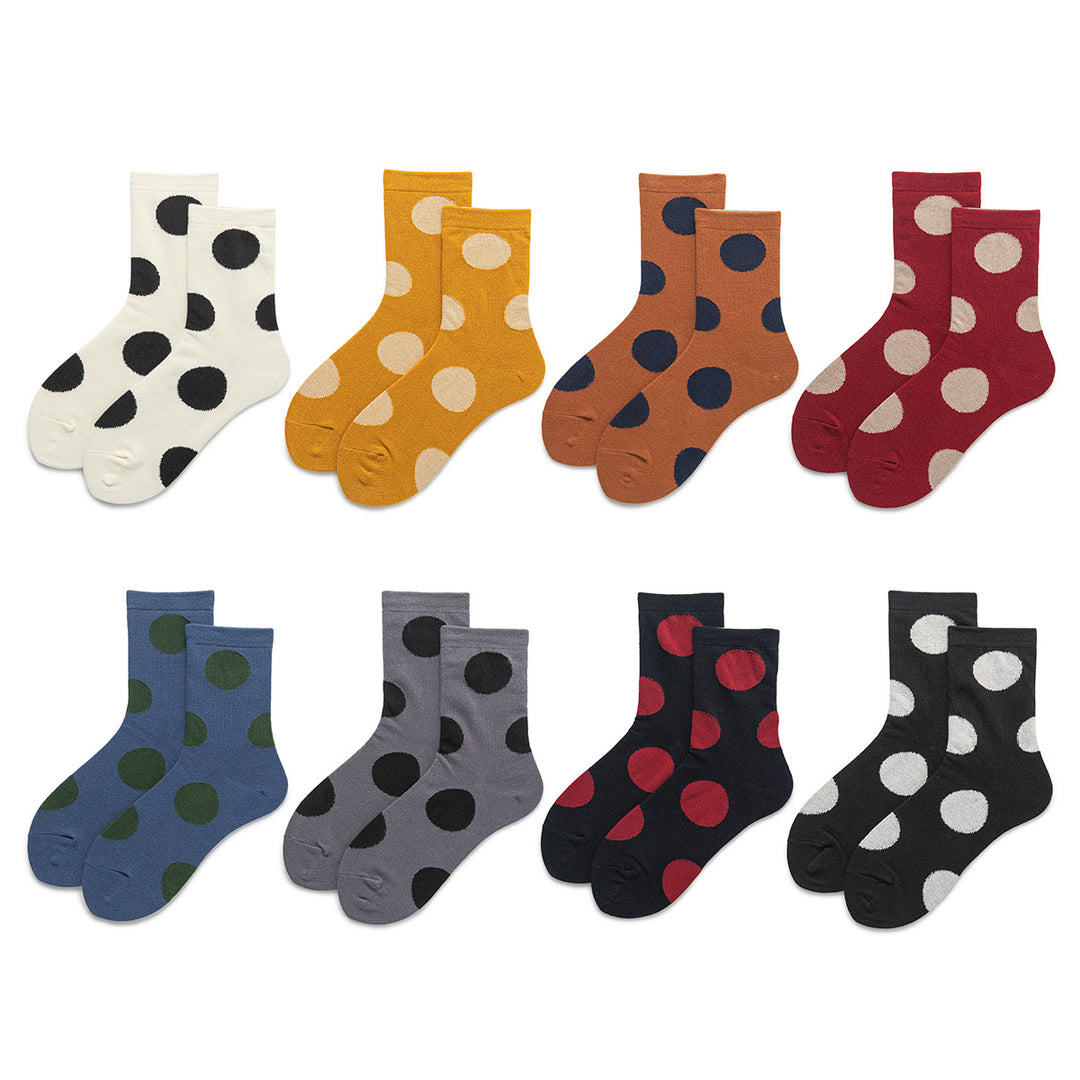 Make a fun fashion statement with these colorful patterned cotton socks for women, featuring playful polka dot designs.