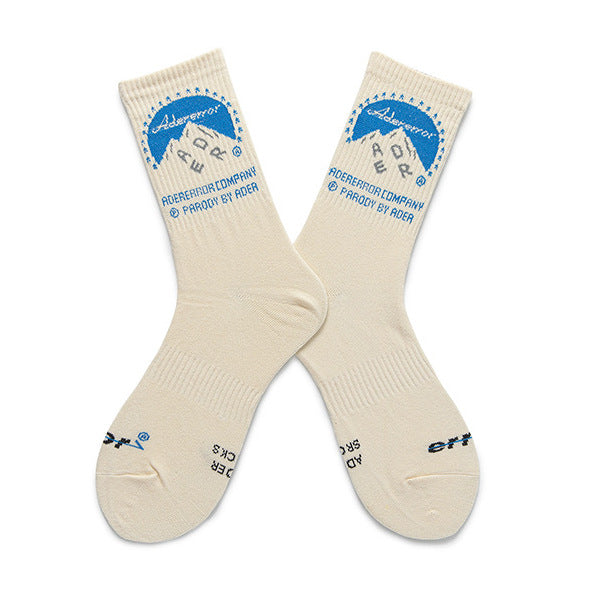 A full view of the Mountain Adventure Parody Socks, showcasing the distinctive design with the blue mountain and "Adererror" text.