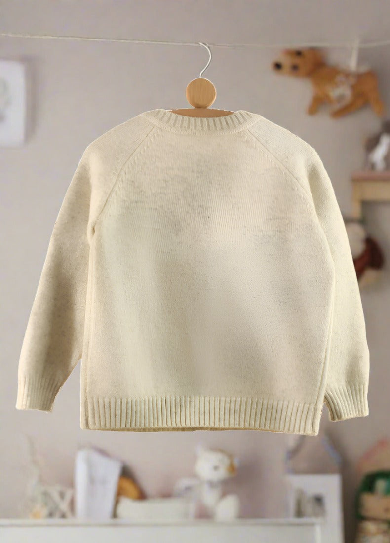 The back view of our cozy children's cardigan, a versatile sweater for little ones in all seasons.