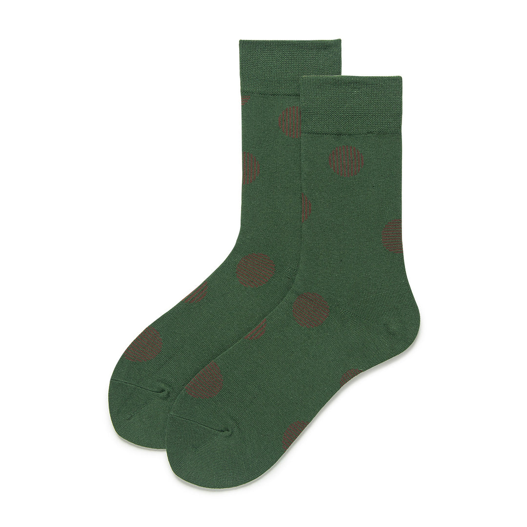 Men's dark green socks with striped brown polka dots, perfect for casual or formal wear.