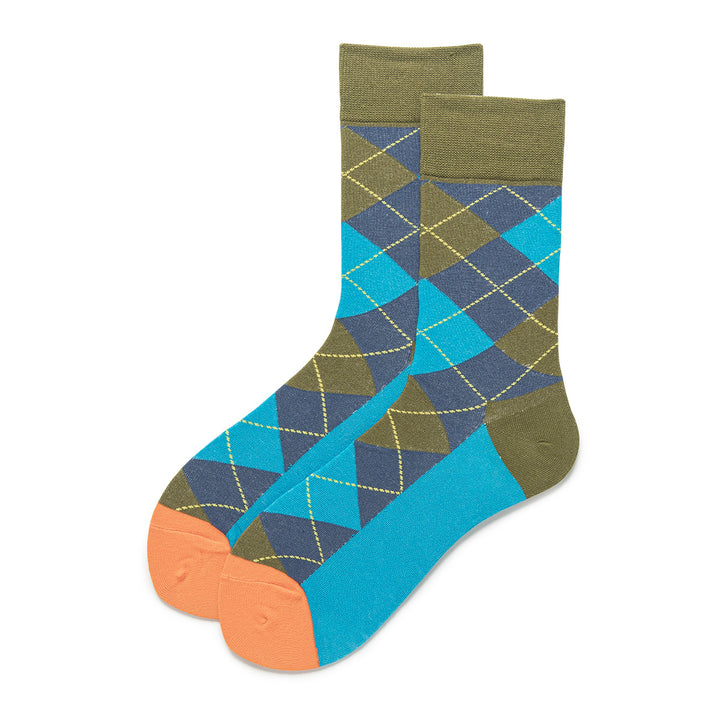 A stylish pair of men's socks featuring a captivating diamond pattern in shades of blue, green, and gray, with crisp white lines.