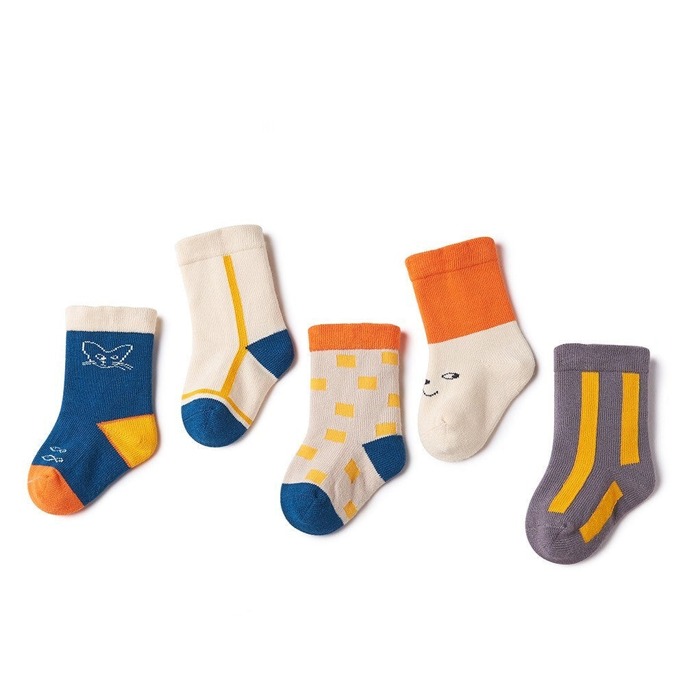 A close-up view of the Sunny Days Baby Socks Set, showcasing all five pairs in various playful designs and colors, perfect for newborns.