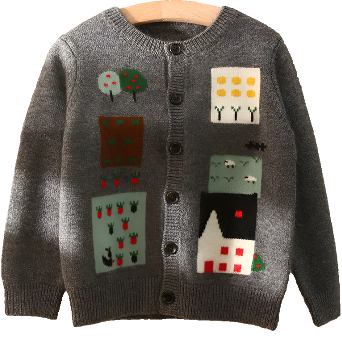 This gray cashmere and wool cardigan for kids features a picturesque scene with trees, a carrot field, a sheep farm, and a charming house.