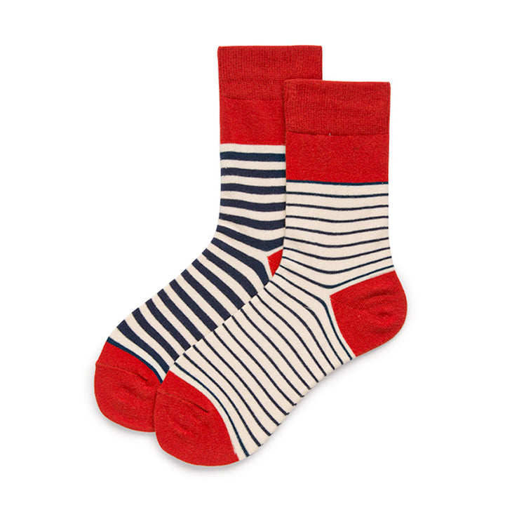 Men’s novelty socks in white and red, featuring asymmetrical black stripes for a unique and stylish look.