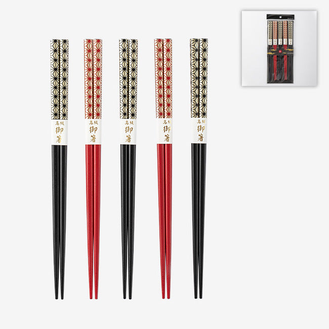 A complete view of the Sakura Harmony Handcrafted Japanese Wood Chopsticks Set, featuring five pairs of chopsticks with alternating red and black bases and intricate sakura patterns on the handles.