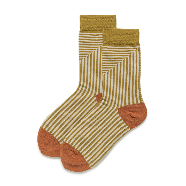 Ladies' socks with olive green stripes and red toes.