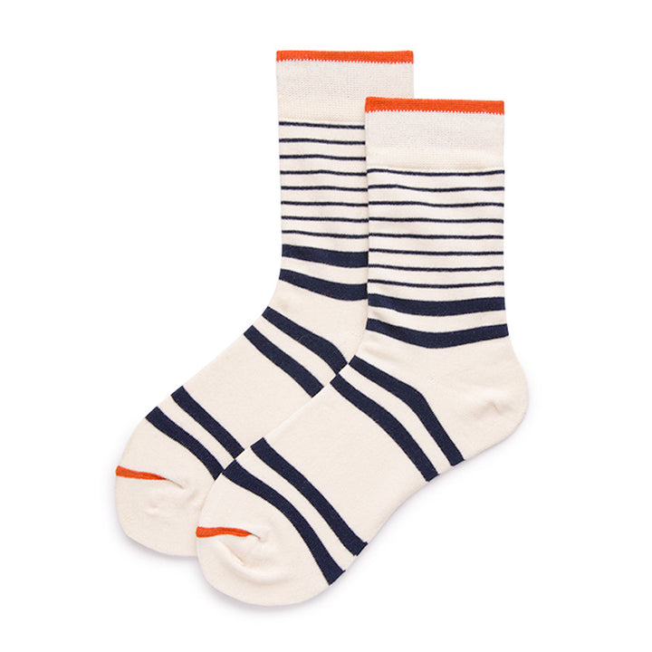 Men’s socks in white with black and red stripes.