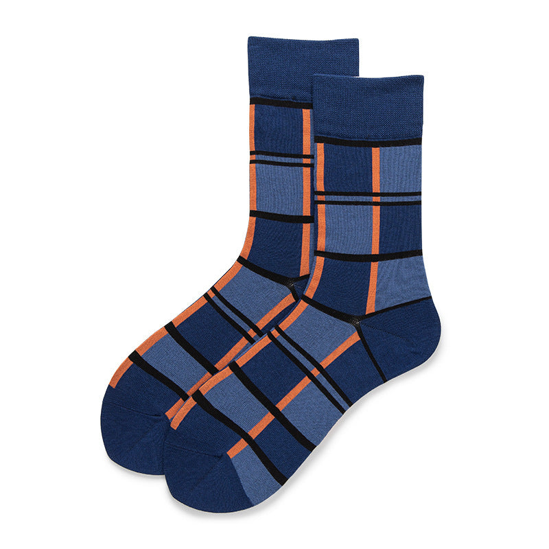 Men's socks in navy and light blue with orange stripes