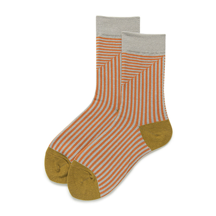 Ladies' socks in gray with orange stripes and mustard yellow toes.