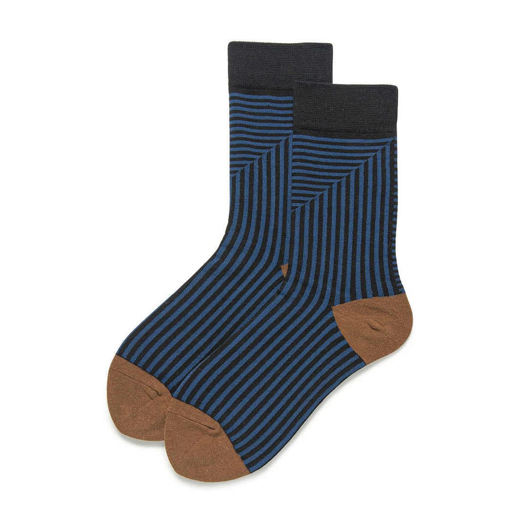 Women's socks in blue with black stripes and brown toes.