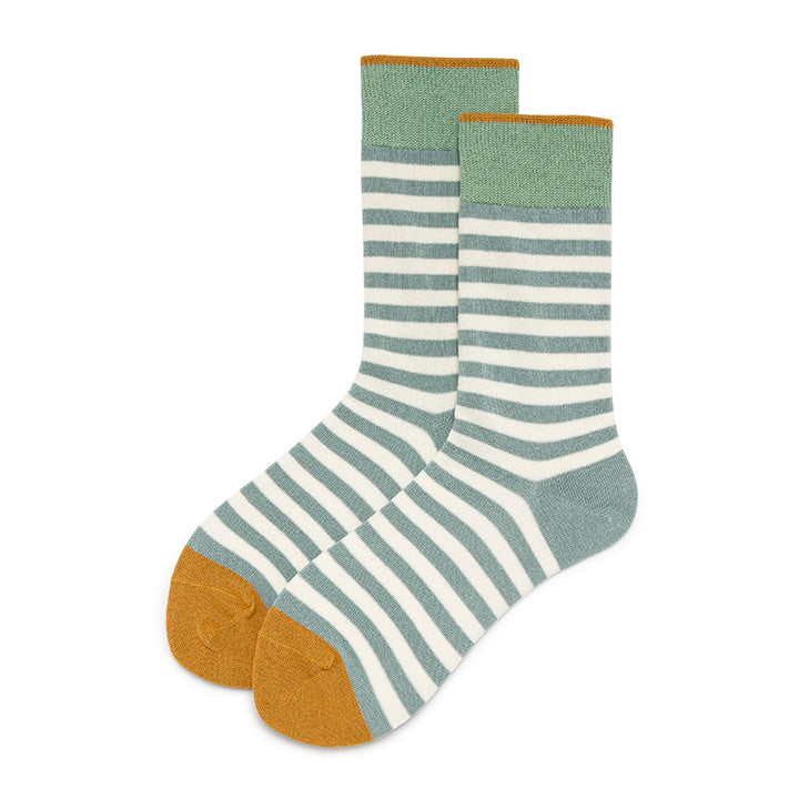 Men’s striped socks in light green and mustard yellow.