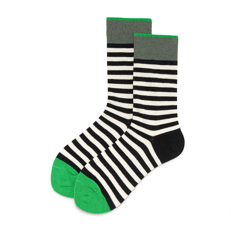 Men’s striped socks in black, white, and green.